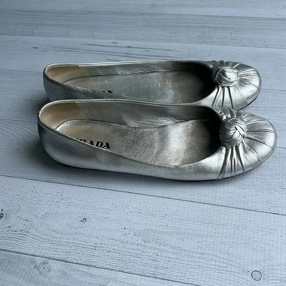 Prada Metallic Silver Leather Ballet Flats Size 5.5 - Picture 8 of 14